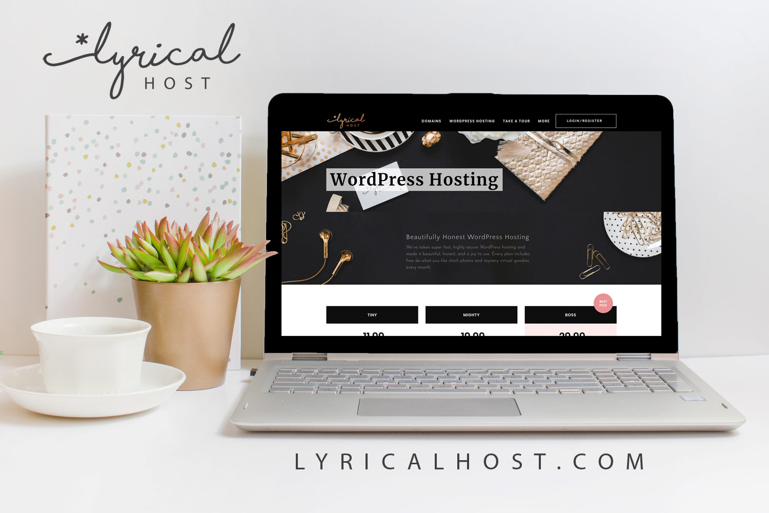 Laptop on a desk displaying the Lyrical Host website with “WordPress Hosting” on screen, next to a white cup, saucer, and potted succulent.